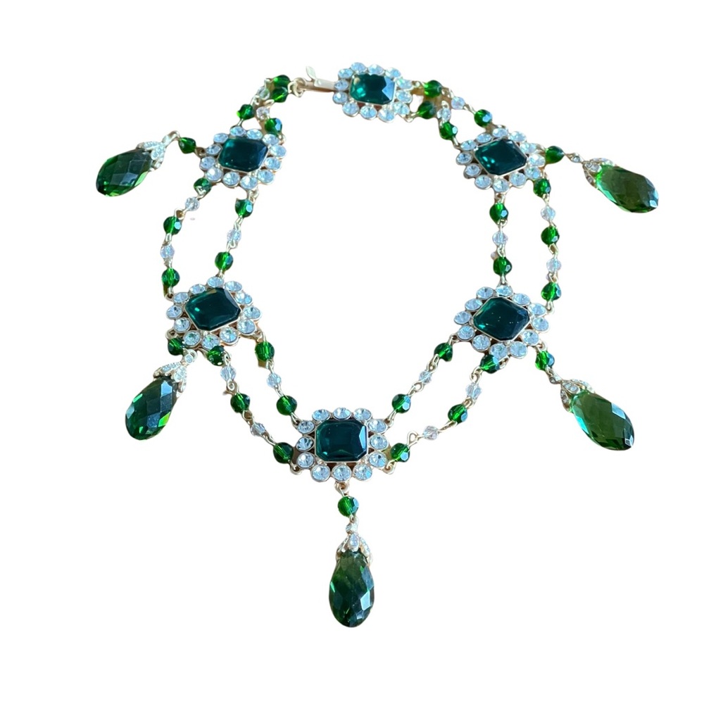 VTG revival gripoix rare poured glass green crystal huge French necklace